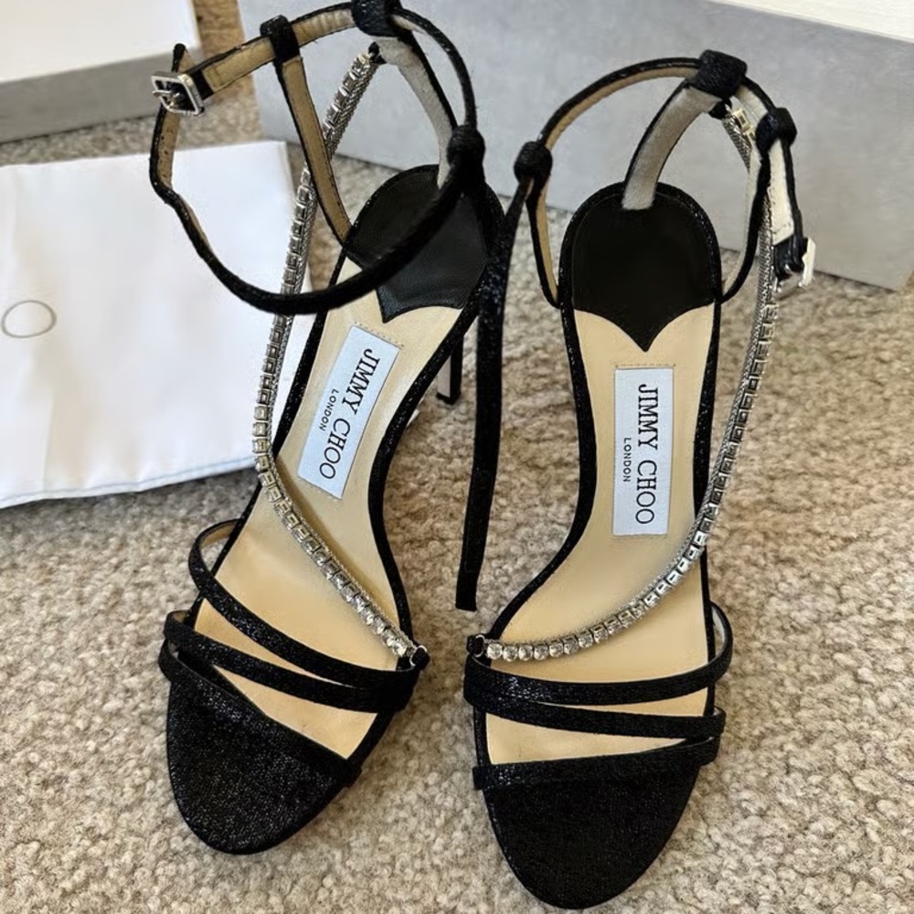 Jimmy Choo Black Suede Crystal-Embellished Strappy Stiletto Sandals